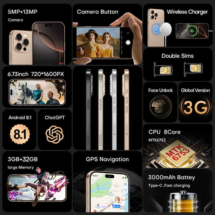 i16 Pro Max / A08, 3GB+32GB, 6.73 inch Screen, Face Identification, Android 8.1 MTK6753 Octa Core, Network: 3G, Dual SIM, AU Plug (White)