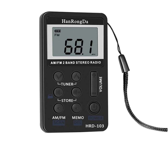 Portable AM / FM Two Bands Rechargeable Stereo Radio Mini Receiver with & LCD Screen & Earphone Jack & Lanyard (Black)