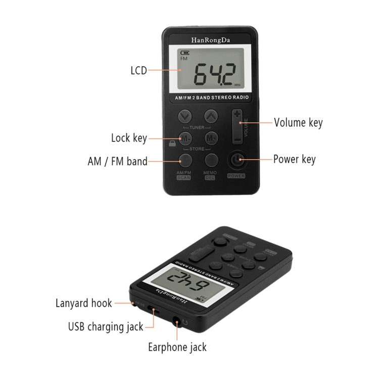 Portable AM / FM Two Bands Rechargeable Stereo Radio Mini Receiver with & LCD Screen & Earphone Jack & Lanyard (Black)