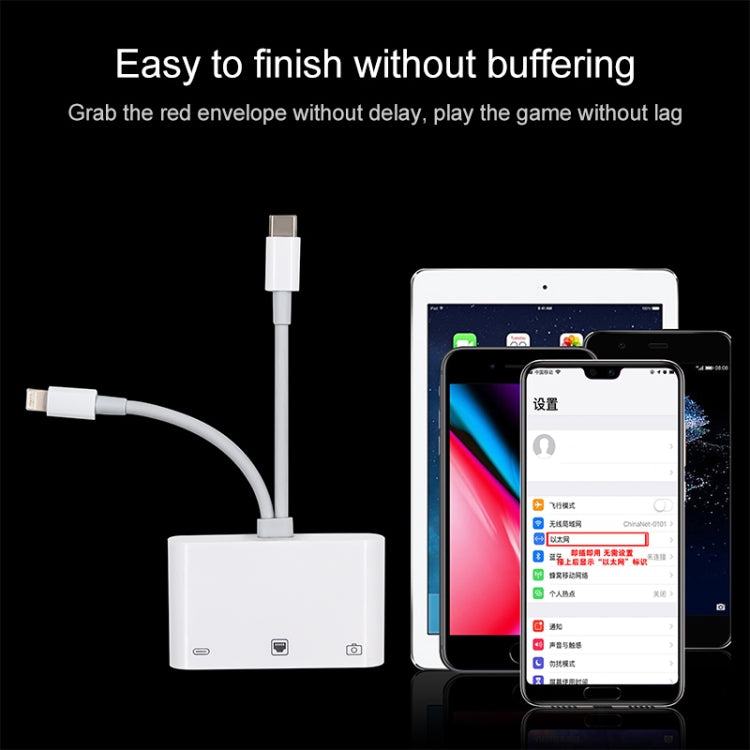 NK-107 Pro 3 in 1 USB-C / Type-C + 8 Pin Male to USB + RJ45 + 8 Pin Charging Female Interface Adapter