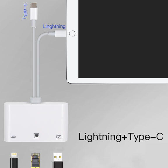 NK-107 Pro 3 in 1 USB-C / Type-C + 8 Pin Male to USB + RJ45 + 8 Pin Charging Female Interface Adapter
