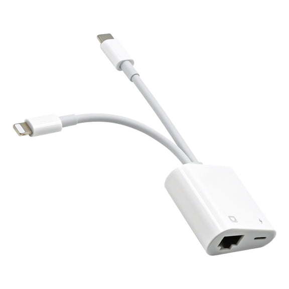 NK-1035 Pro 2 in 1 USB-C / Type-C + 8 Pin Male to RJ45 + 8 Pin Charging Female Interface Adapter