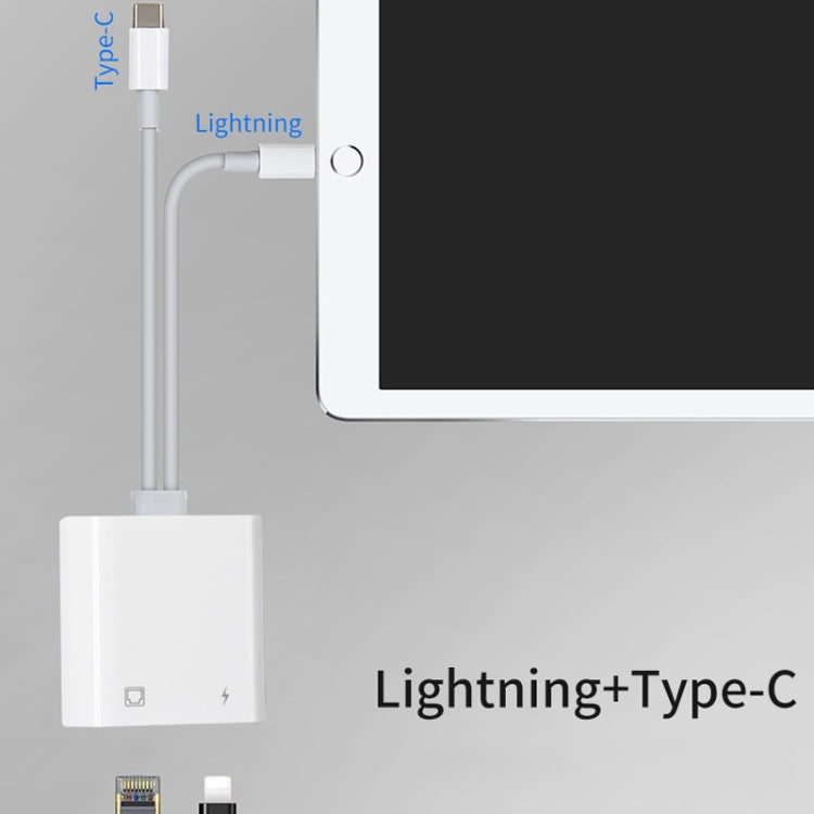 NK-1035 Pro 2 in 1 USB-C / Type-C + 8 Pin Male to RJ45 + 8 Pin Charging Female Interface Adapter