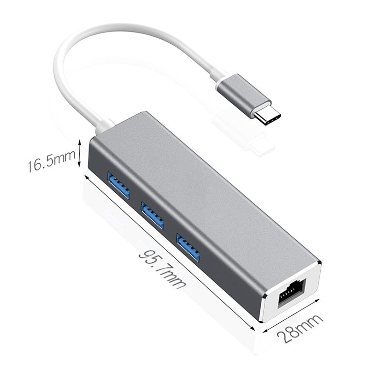 USB-C / Type-C to Gigabit Ethernet RJ45 & 3 x USB 3.0 Adapter Converter HUB, Computer External Tablet Phone Universal(Grey)