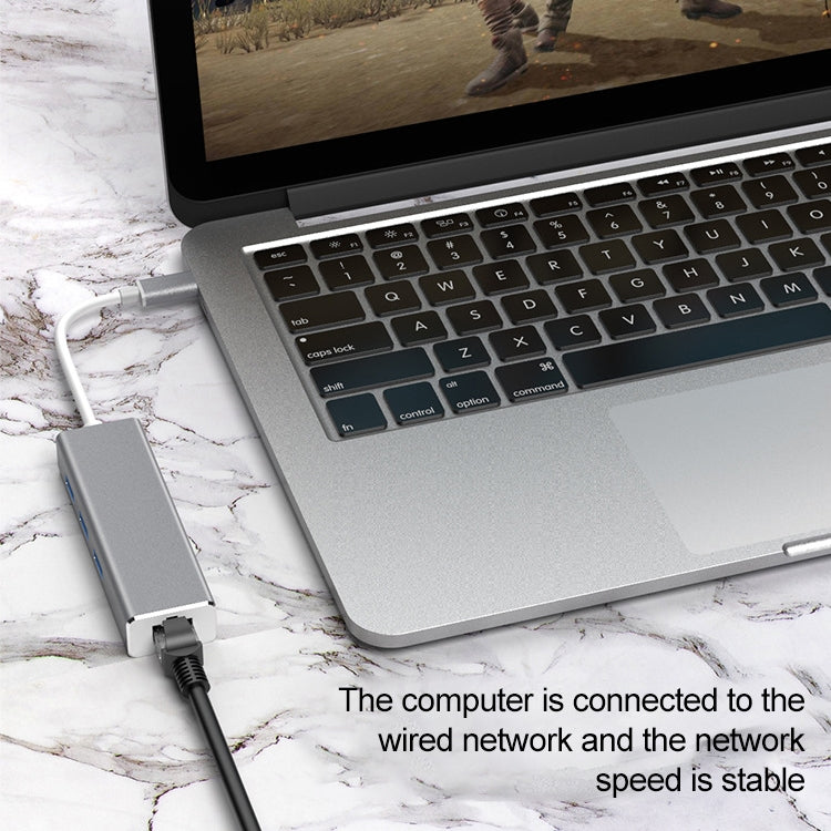 USB-C / Type-C to Gigabit Ethernet RJ45 & 3 x USB 3.0 Adapter Converter HUB, Computer External Tablet Phone Universal(Grey)