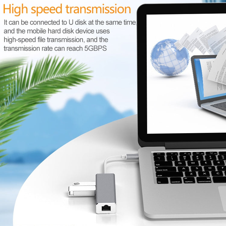 USB-C / Type-C to Gigabit Ethernet RJ45 & 3 x USB 3.0 Adapter Converter HUB, Computer External Tablet Phone Universal(Grey)