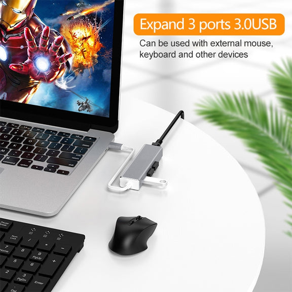 USB-C / Type-C to Gigabit Ethernet RJ45 & 3 x USB 3.0 Adapter Converter HUB, Computer External Tablet Phone Universal(Grey)
