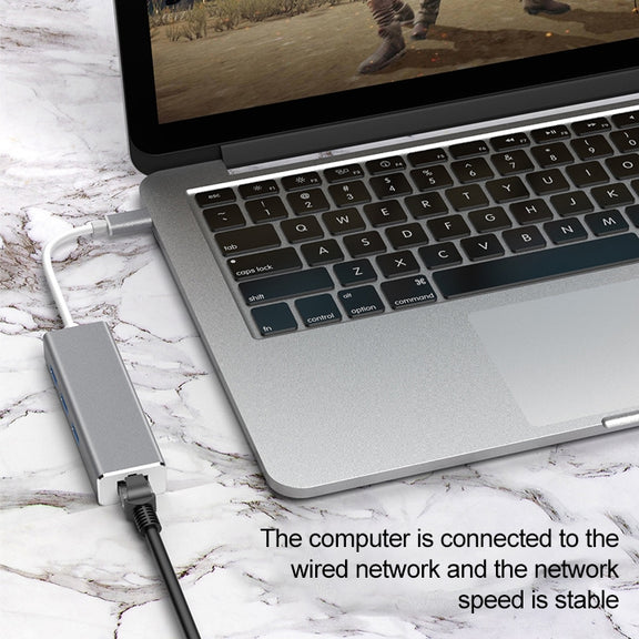 USB-C / Type-C to Gigabit Ethernet RJ45 & 3 x USB 3.0 Adapter Converter HUB, Computer External Tablet Phone Universal(Silver)