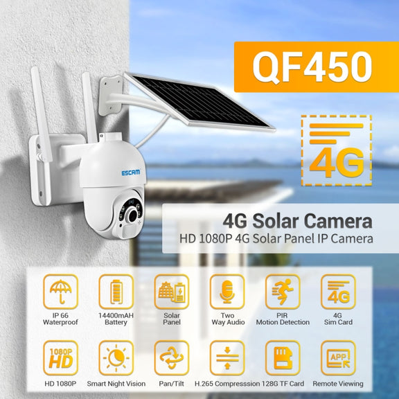 ESCAM QF450 HD 1080P 4G EU Version Solar Powered IP Camera without Memory, Support Two-way Audio & PIR Motion Detection & Night Vision & TF Card