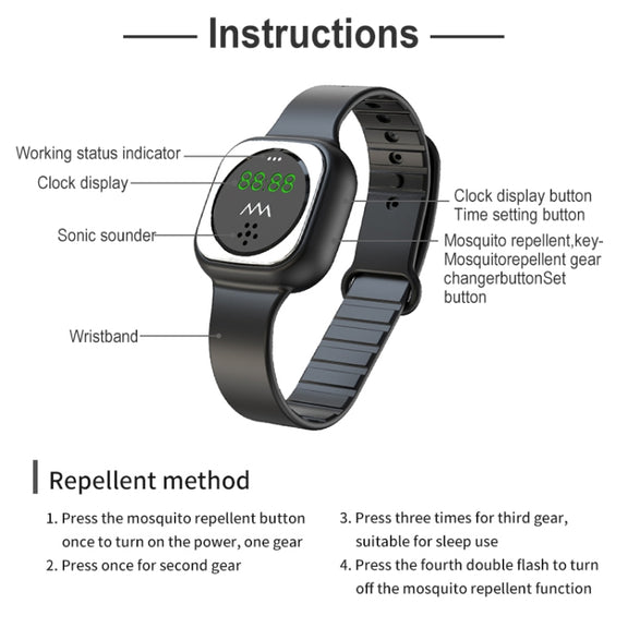 F9 Outdoor Silica Gel Mosquito Repellent Wristband with Clock(White)