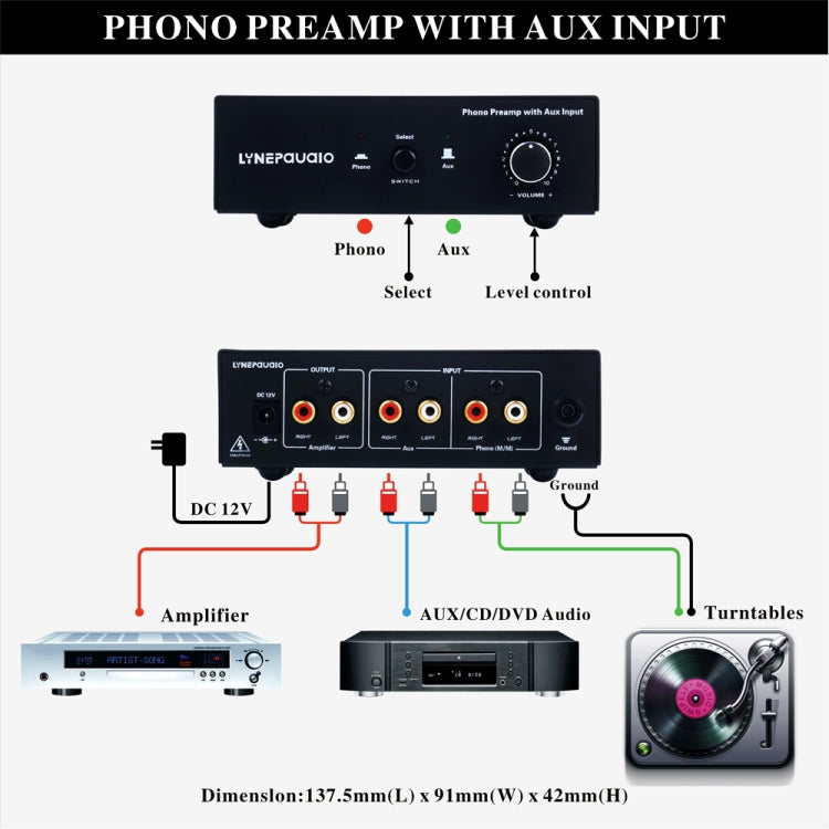 B855 LINEPAUDIO Phone Prephonograph Signal Amplifier with Auxiliary Input and Volume Control (Black)