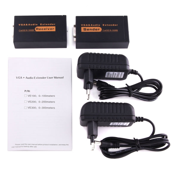 VGA & Audio Extender 1920x1440 HD 100m Cat5e / 6-568B Network Cable Sender Receiver Adapter, EU Plug(Black)