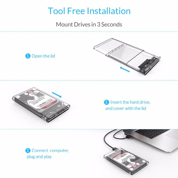 ORICO 2139U3-CR USB3.0 Transparent External Hard Disk Box Storage Case for 9.5mm 2.5 inch SATA HDD / SSD