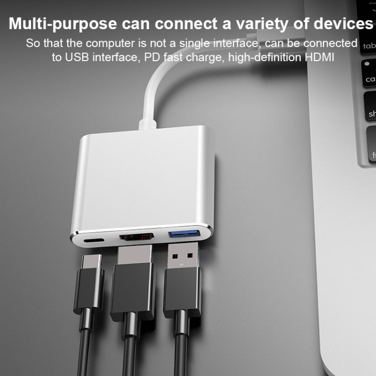 V125 UCB-C / Type-C Male to PD +  HDMI + USB 3.0 Female 3 in 1 Converter(Silver)