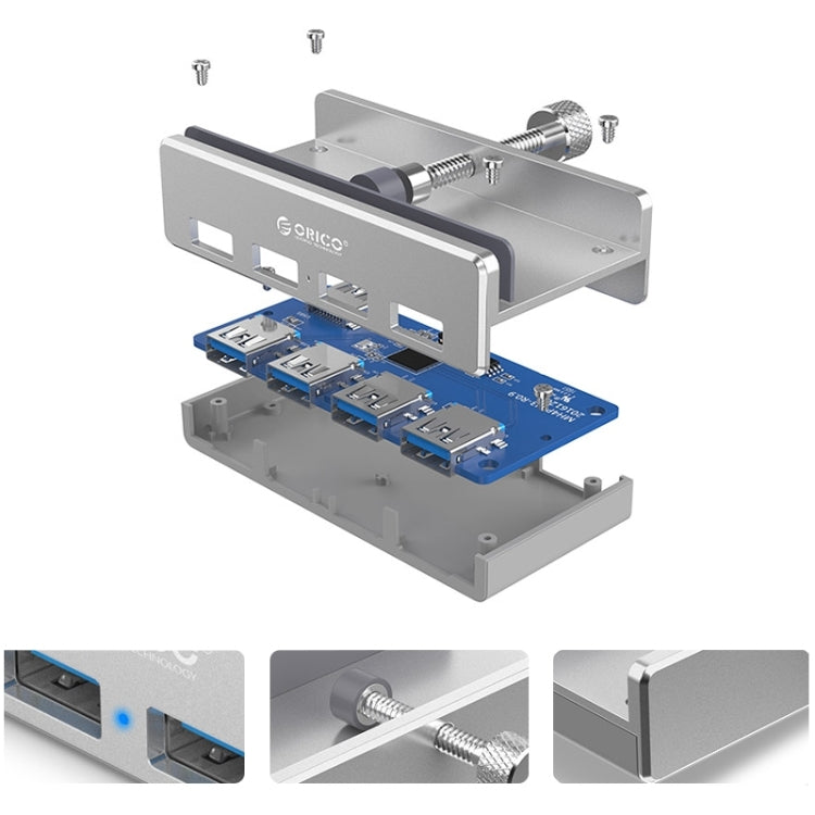 ORICO MH4PU Aluminum Alloy 4 Ports USB 3.0 Clip-type HUB with 1m USB Cable, Clip Width Range: 10-32mm