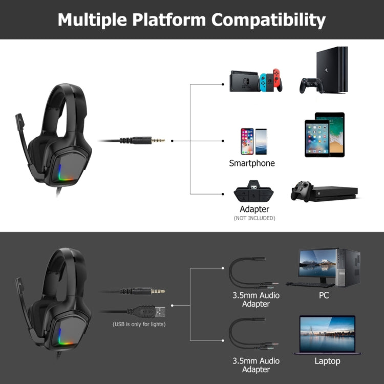 K20i Stereo Gaming Headset with Microphone RGB Light for XBox One / Laptop Tablet (Black)