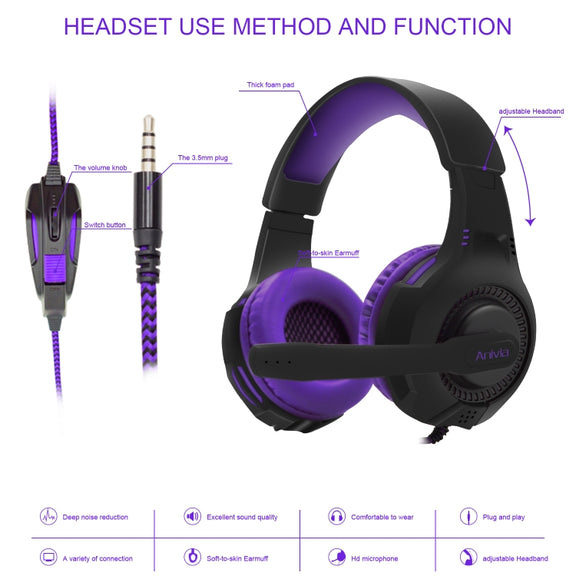 SADES AH-68 3.5mm Plug Wire-controlled E-sports Gaming Headset with Retractable Microphone, Cable Length: 2m(Black purple)