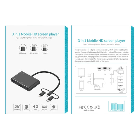 7585B 3 in 1 Micro USB / 8 Pin / Type-C to VGA / HDTV / AV Adapter Mobile HD Screen Player (White)