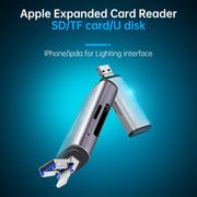 118 2 in 1 USB + 8 Pin Interfaces USB Flash Disk / Memory Card OTG Card Reader for IOS System Mobile Phone / Computer (Dark Gray)