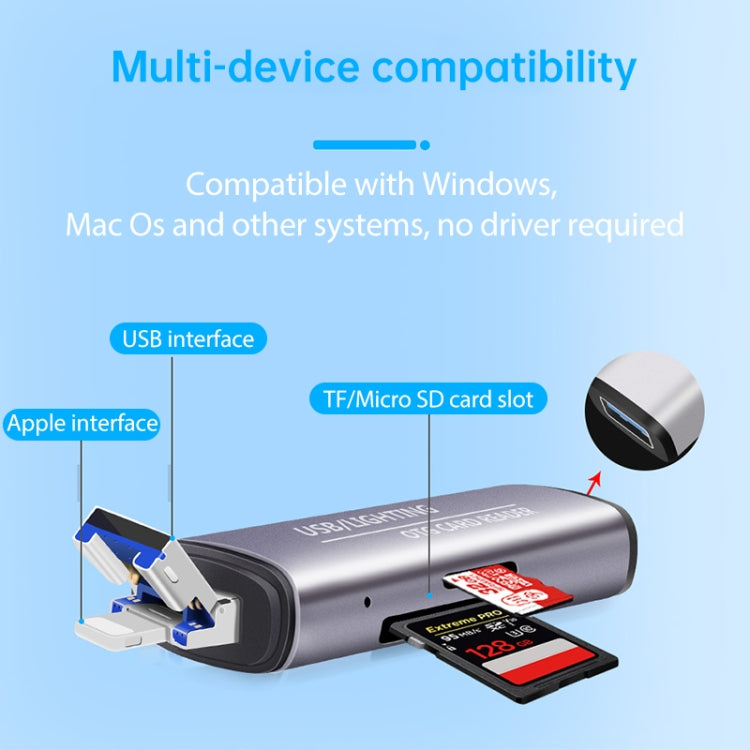 118 2 in 1 USB + 8 Pin Interfaces USB Flash Disk / Memory Card OTG Card Reader for IOS System Mobile Phone / Computer (Dark Gray)