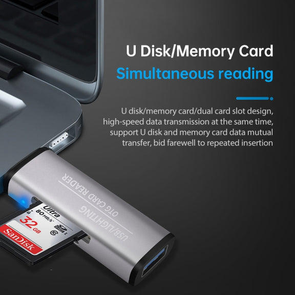 118 2 in 1 USB + 8 Pin Interfaces USB Flash Disk / Memory Card OTG Card Reader for IOS System Mobile Phone / Computer (Dark Gray)