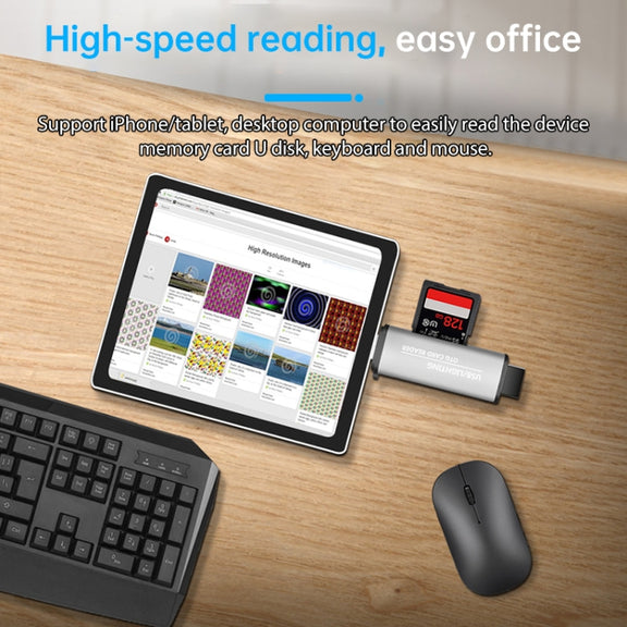 118 2 in 1 USB + 8 Pin Interfaces USB Flash Disk / Memory Card OTG Card Reader for IOS System Mobile Phone / Computer (Dark Gray)