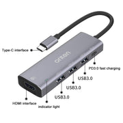 Onten OT-95123 5 in 1 Multifunctional Type-C + USB + HDMI Docking Station, Cable Length: 145mm(Silver)