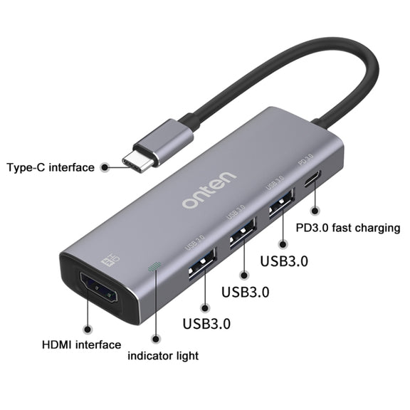 Onten OT-95123 5 in 1 Multifunctional Type-C + USB + HDMI Docking Station, Cable Length: 145mm(Silver)