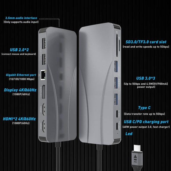 Rocketek HC451 Type-C to 60W PD + 4K HDMI + DP + 100M RJ45 14 in 1 HUB Adapter