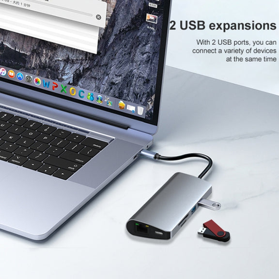 9 in 1 RJ45 + PD + SD/TF + USB 3.0 x 2 + HDMI + VGA + Audio to USB-C / Type-C HUB Adapter