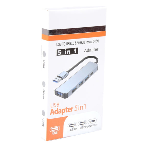 BYL-2301U 5 in 1 USB to USB3.0+USB2.0x3+USB-C / Type-C HUB Adapter, Cable Length: 10cm