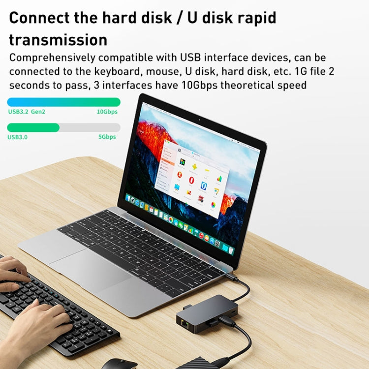 BYL-2308 6 in 1 USB-C / Type-C to USB3.2 + Gigabit Internet + HDTV HUB Adapter (Dark Gray)