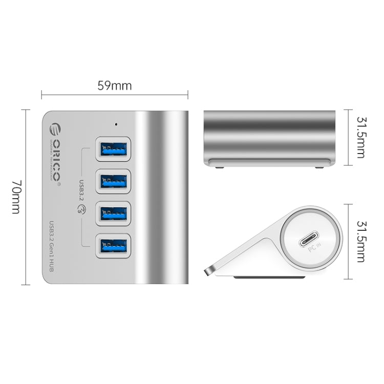 ORICO M3U4 Aluminum Alloy 4-Port USB 3.2 Gen1 5Gbps HUB (Silver)