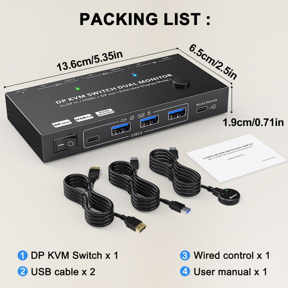 KC-KVM212DH 4K 60HZ USB3.0 DP Dual Display KVM Switcher with MST Dual Screen Extension Replication