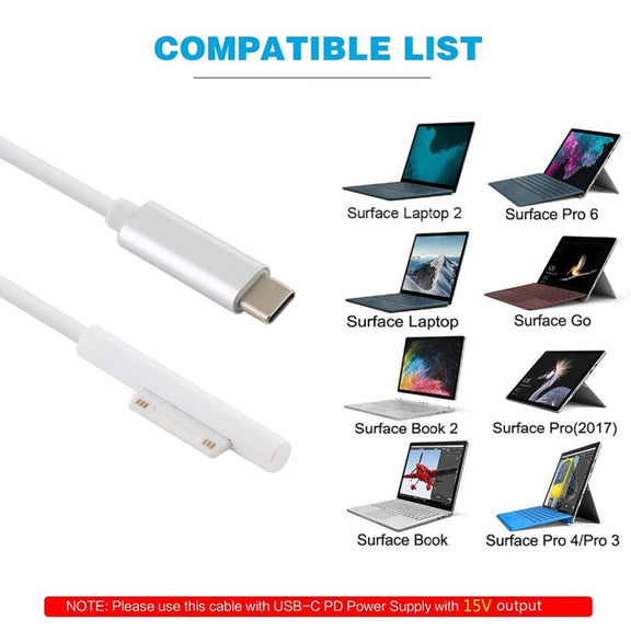 Surface Pro 7 / 6 / 5 to USB-C / Type-C Male Interfaces Power Adapter Charger Cable for Microsoft Surface Pro 7 / 6 / 5 / 4 / 3 / Microsoft Surface Go(White)