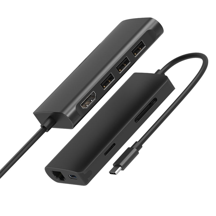 9591C 8 In 1 USB 3.0 x3 + SD / TF Card + HDMI + RJ45 + Type-C / USB-C (PD) Multi-function HUB Converter Dock Station (Black)