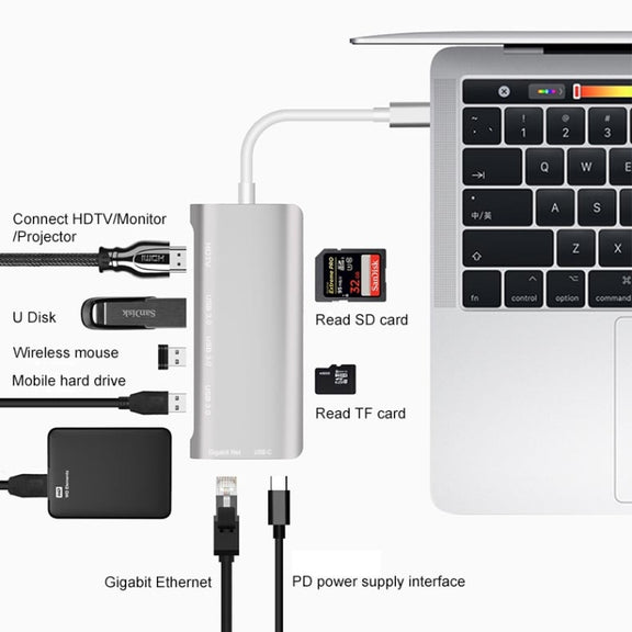 9591C 8 In 1 USB 3.0 x3 + SD / TF Card + HDMI + RJ45 + Type-C / USB-C (PD) Multi-function HUB Converter Dock Station(Silver)
