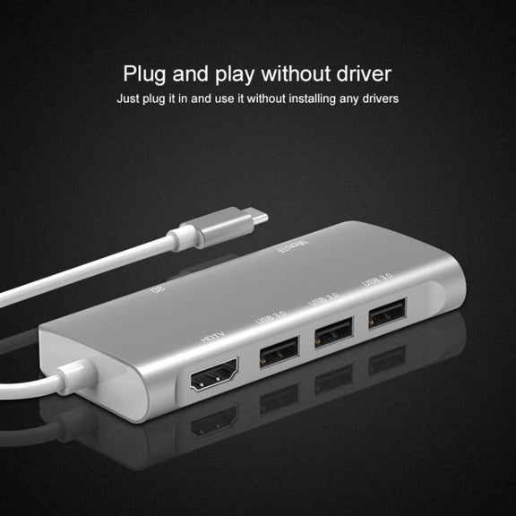 9591C 8 In 1 USB 3.0 x3 + SD / TF Card + HDMI + RJ45 + Type-C / USB-C (PD) Multi-function HUB Converter Dock Station(Silver)