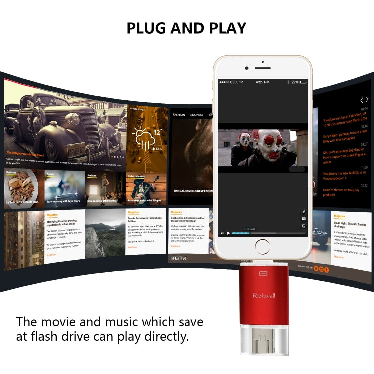 Richwell 3 in 1 32G Type-C + 8 Pin + USB 3.0 Metal Double Cover Push-pull Flash Disk with OTG Function(Red)