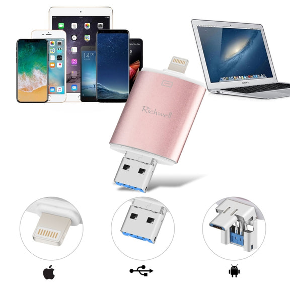 Richwell 3 in 1 32G Type-C + 8 Pin + USB 3.0 Metal Double Cover Push-pull Flash Disk with OTG Function(Red)