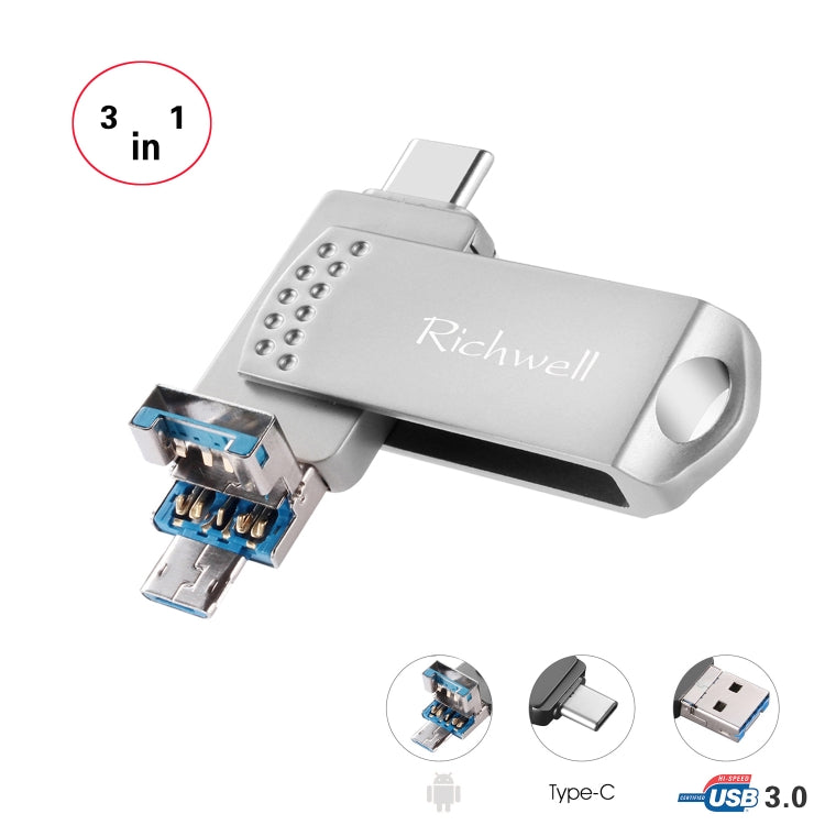 Richwell 3 in 1 16G Type-C + Micro USB + USB 3.0 Metal Flash Disk with OTG Function(Silver)