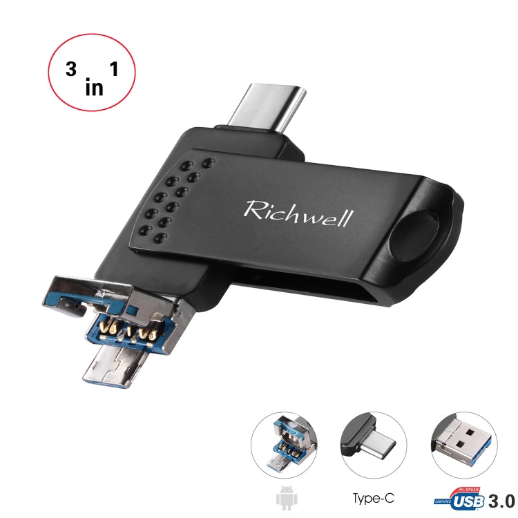 Richwell 3 in 1 64G Type-C + Micro USB + USB 3.0 Metal Flash Disk with OTG Function(Black)