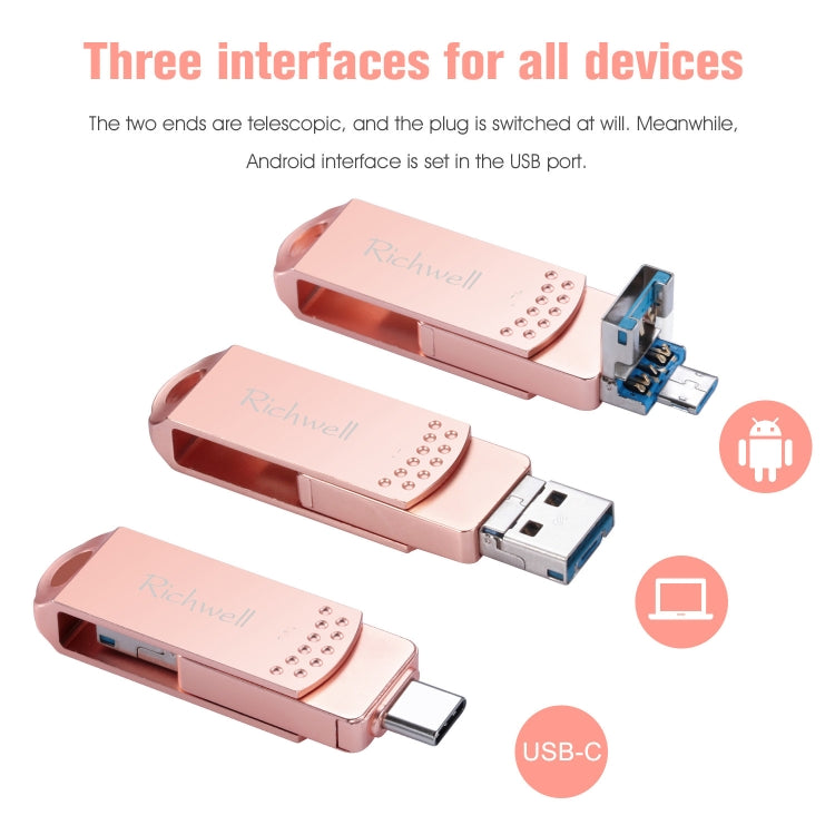 Richwell 3 in 1 64G Type-C + Micro USB + USB 3.0 Metal Flash Disk with OTG Function(Black)
