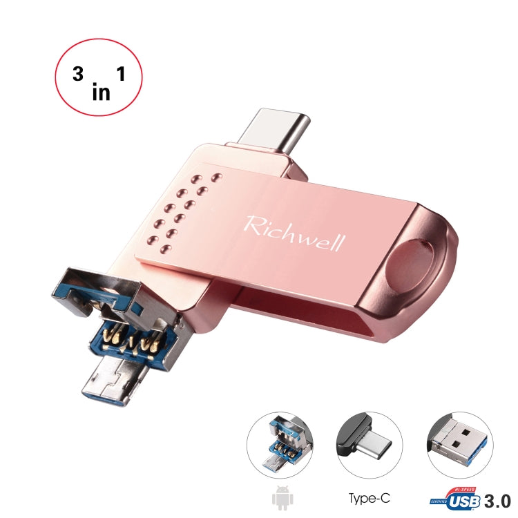 Richwell 3 in 1 128G Type-C + Micro USB + USB 3.0 Metal Flash Disk with OTG Function(Rose Gold)