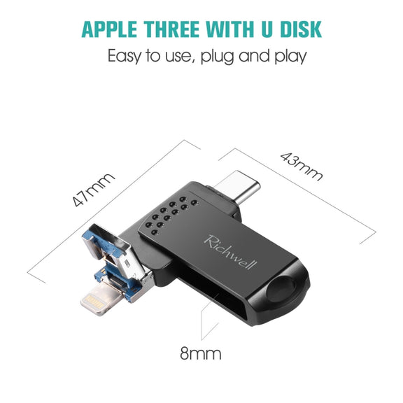 Richwell 64G Type-C + 8 Pin + USB 3.0 Metal Flash Disk with OTG Function(Black)