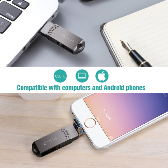 Richwell 64G Type-C + 8 Pin + USB 3.0 Metal Push-pull Flash Disk with OTG Function(Rose Gold)