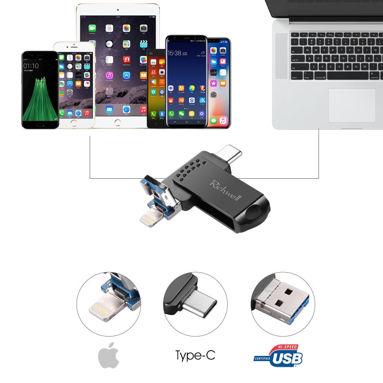 Richwell 128G Type-C + 8 Pin + USB 3.0 Metal Flash Disk with OTG Function(Black)
