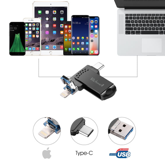 Richwell 128G Type-C + 8 Pin + USB 3.0 Metal Flash Disk with OTG Function(Black)