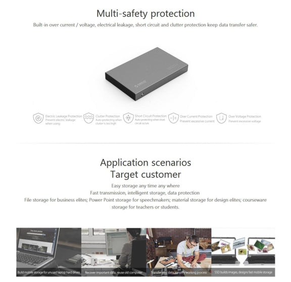 ORICO 2518S3 USB3.0 External Hard Disk Box Storage Case for 7mm & 9.5mm 2.5 inch SATA HDD / SSD (Silver)
