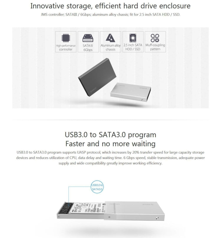 ORICO 2518S3 USB3.0 External Hard Disk Box Storage Case for 7mm & 9.5mm 2.5 inch SATA HDD / SSD (Silver)